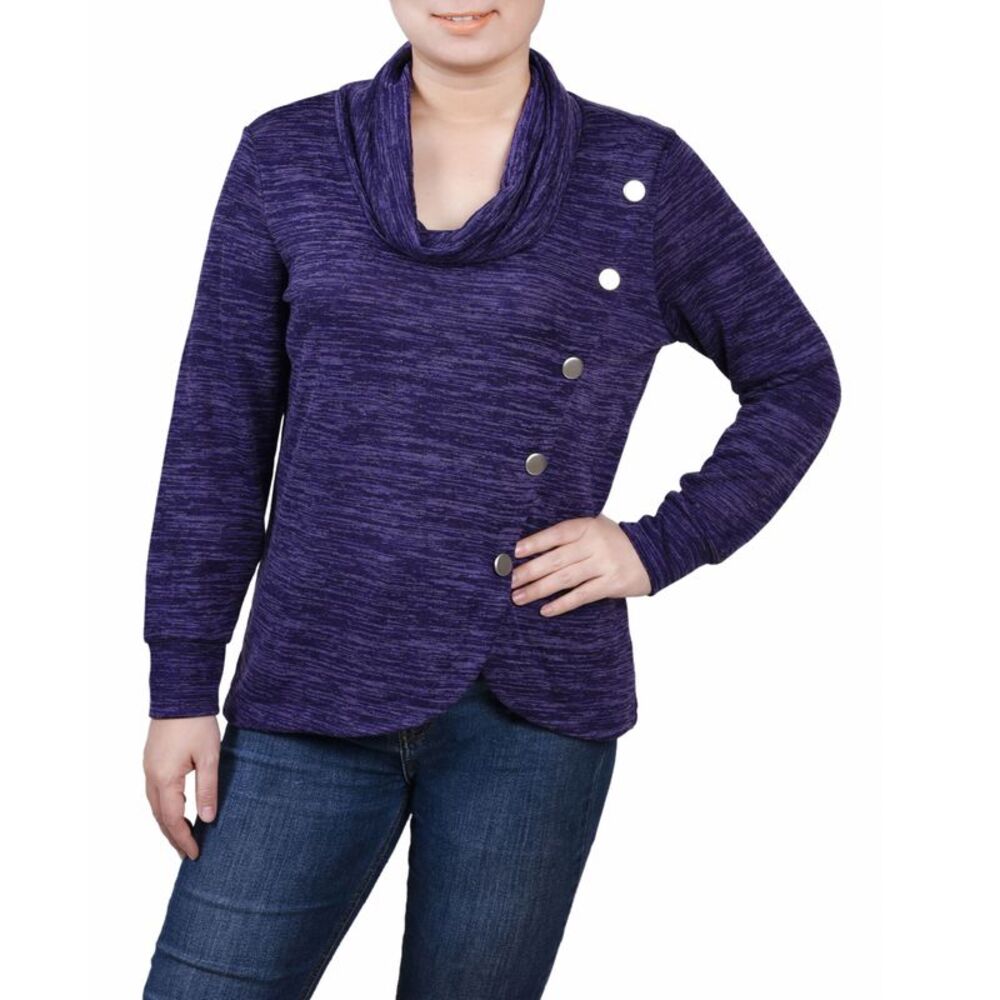 NY Collection Petite Size Long Sleeve Overlapping Cowl Neck Top